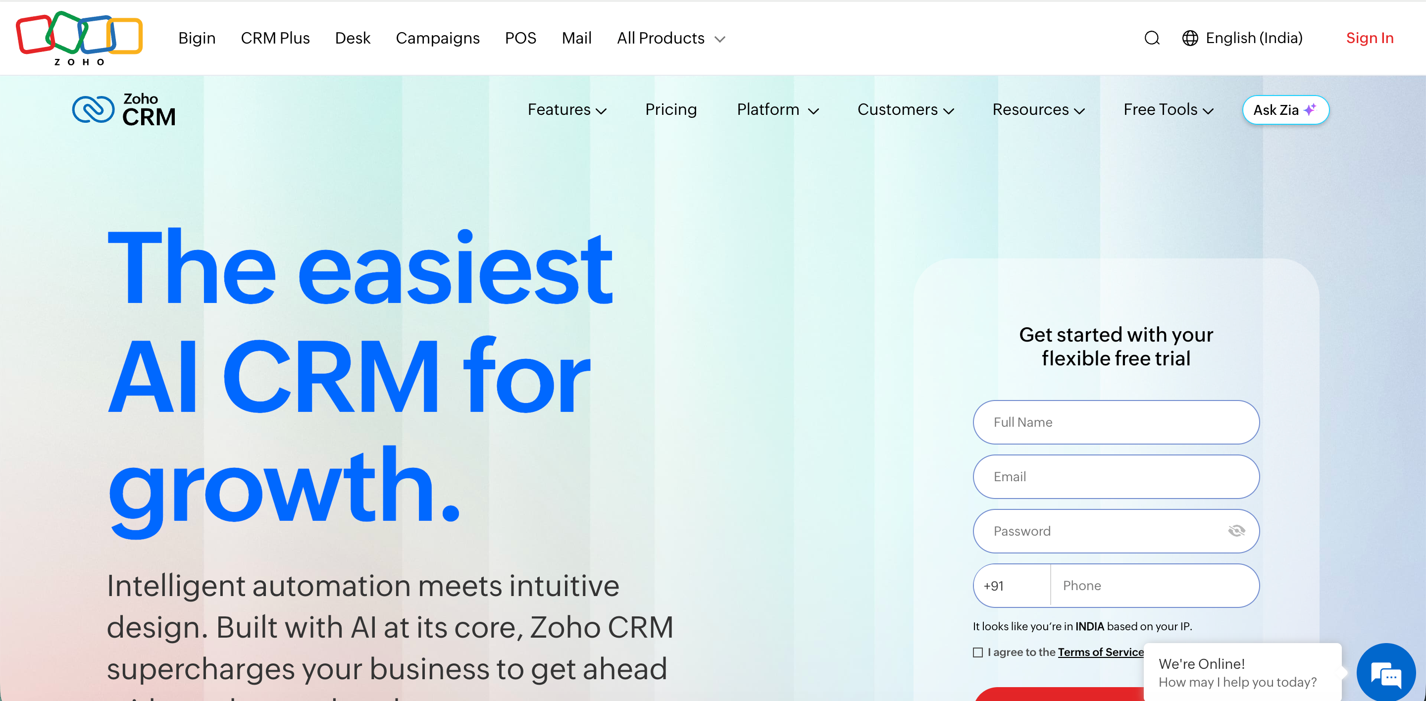 Zoho crm's landing page